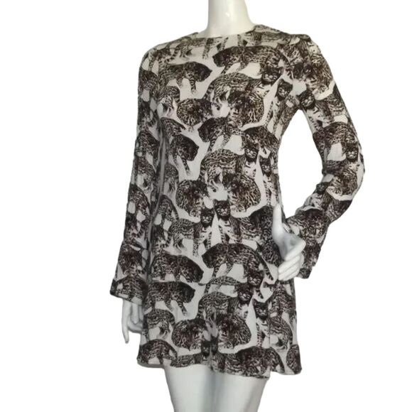 H&M Mini Dress, 4, Wild Cats, White/Brown, Long sleeves, big keyhole back - Picture 4 of 15